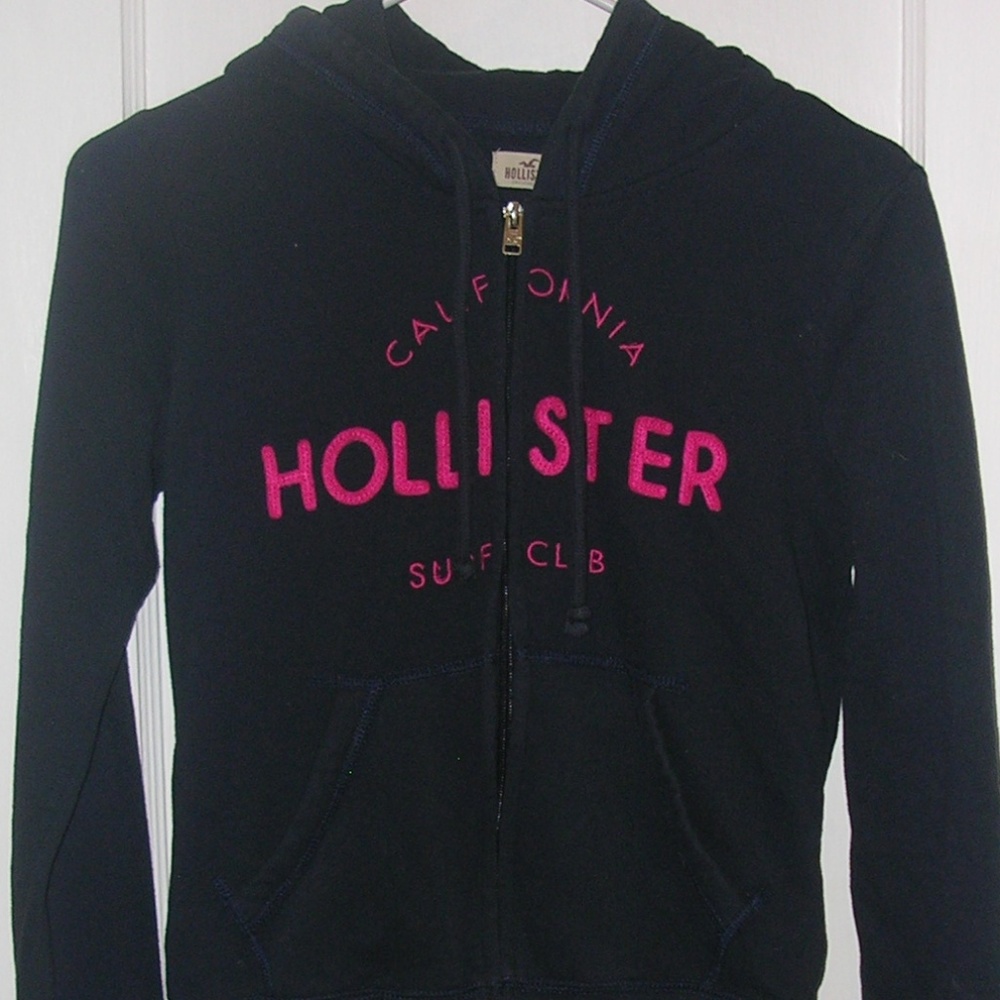 Hollister Hoodie- Navy with pink lettering